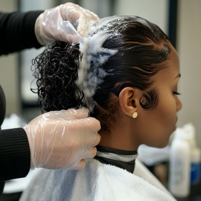 applying relaxer on afro hair